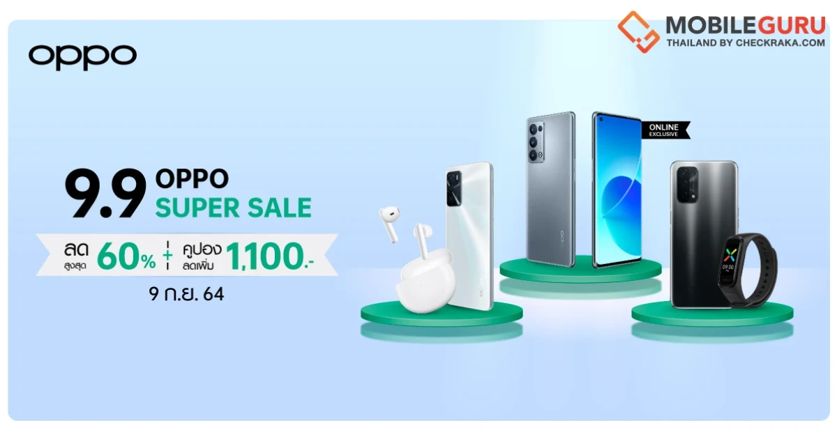 OPPO Super Sale 9.9 จัดโปรฯเด็ด ลดสูงสุด 60% พร้อมคูปองลดสูงสุด 1,100 บาท 9 ก.ย.นี้ ที่ Shopee, Lazada, และ JD Central เท่านั้น!