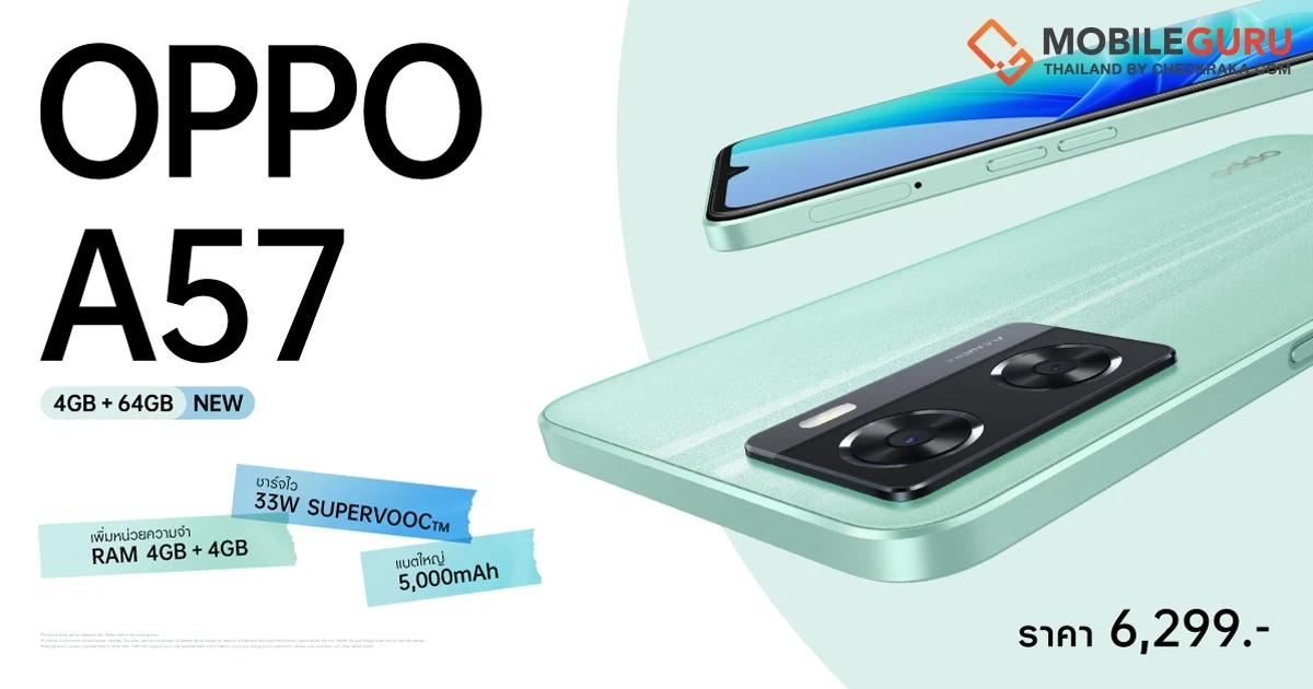 OPPO A57 รุ่น 4GB+64GB สมาร์ตโฟน RAM และ ROM ใหญ่ พร้อม RAM Expansion 4GB วางจำหน่ายแล้ววันนี้ ในราคาเพียง 6,299 บาท