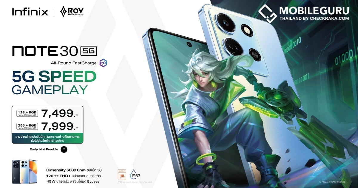 Infinix ปล่อยมือถือสายเกมรุ่นใหม่ NOTE 30 Series ชูจุดขาย 5G Dimensity 6080 6nm พร้อมคอลแลป RoV มอบ Infinix x RoV Limited Edition เริ่มขาย 13 มิ.ย.นี้! คุ้มค่าในราคา 7,499 บาท