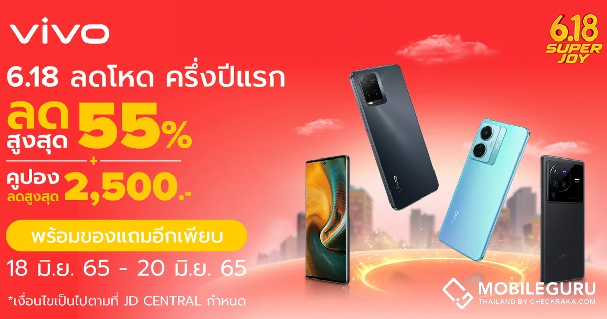 vivo ร่วมฉลองวันเกิด JD Central 6.18 SUPER JOY วันที่ 18 มิ.ย.นี้ จัดเต็มแจกโปรโมชั่นคืนกำไรให้ลูกค้าได้ชอปกันในราคาหั่นครึ่ง ลดสูงสุดถึง 1,500 บาท! พร้อมคูปองลดเพิ่มอีกต่อจาก JD Central สูงสุดถึง 1,000 บาท!
