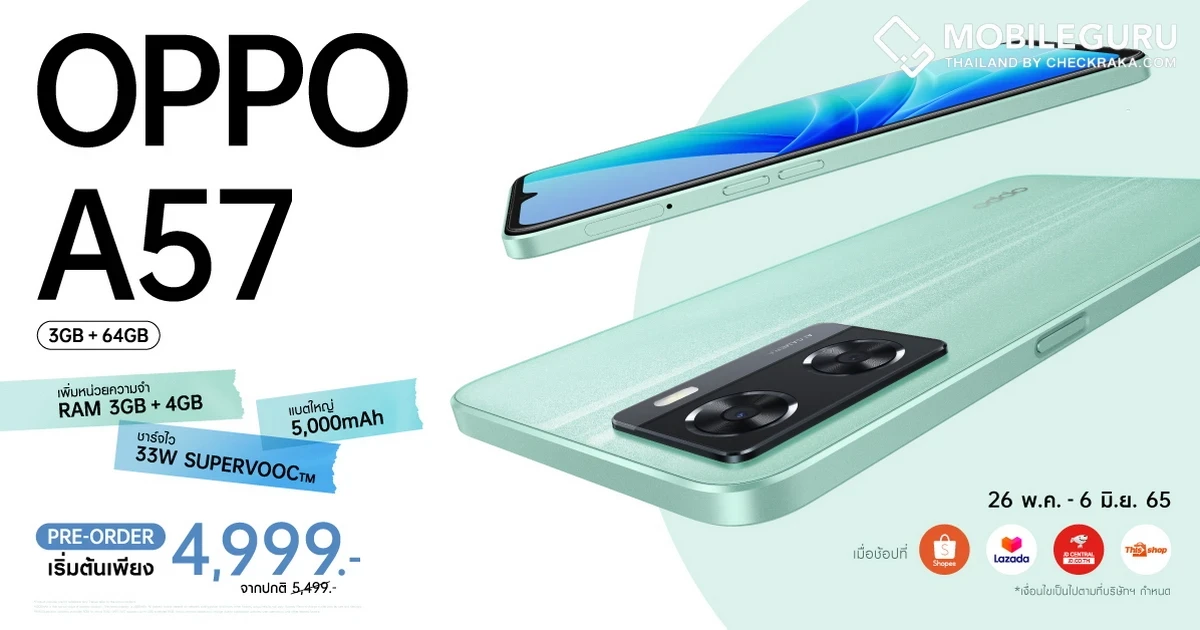 OPPO A57 รุ่น RAM 3GB + ROM 64GB ราคาเริ่มต้น 4,999 บาท เมื่อพรีออเดอร์วันนี้ - 6 มิ.ย. 65