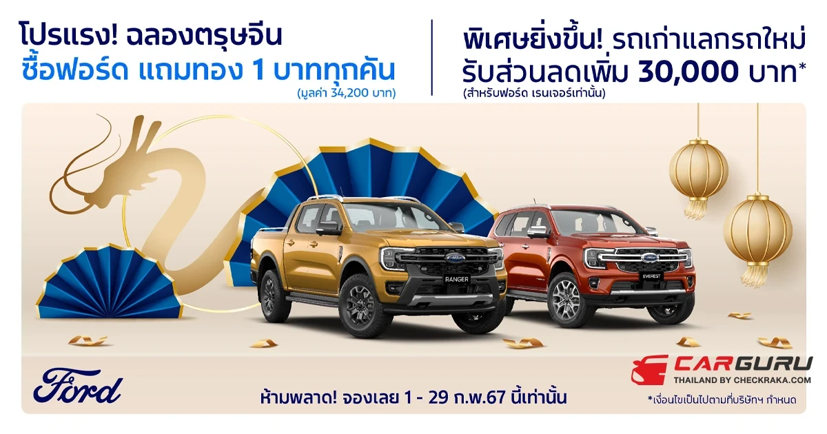 Ford อัดเพิ่มโปรแรง "นาทีทองต้องจองฟอร์ด" ซื้อรถฟอร์ด-แจกทอง 1 บาททุกคันตลอดเดือนกุมภาพันธ์  พร้อมข้อเสนอรถทุกแบรนด์แลกซื้อ Ranger รับส่วนลดเพิ่มอีก 30,000 บาท