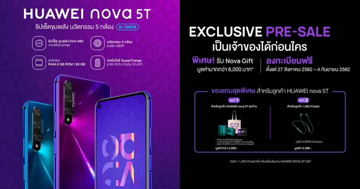 หัวเว่ย เปิดให้จอง HUAWEI nova 5T สมาร์ทโฟน AI 5 กล้อง ดีไซน์โดนใจ ตั้งแต่วันนี้ - 4 ก.ย. นี้