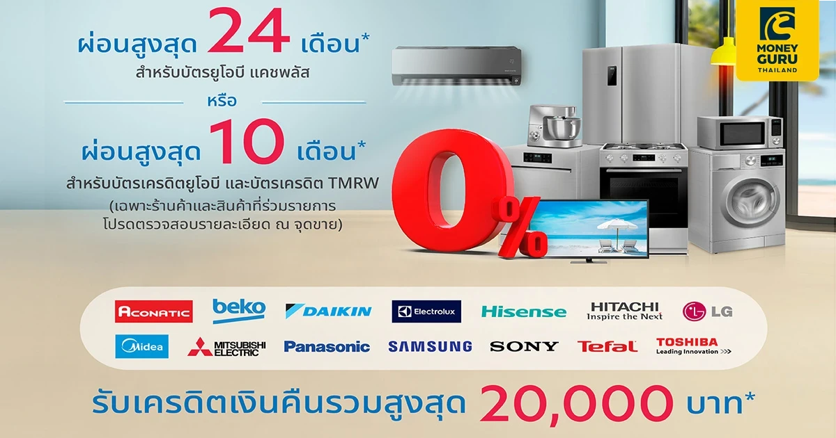 แบ่งชำระ 0% สูงสุด 24 เดือน รับเครดิตเงินคืนรวมสูงสุด 20,000 บาท กับบัตรยูโอบี แคชพลัส