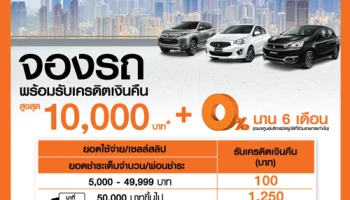 จองรถ รับเครดิตเงินคืนสูงสุด 10,000 บาท พร้อมผ่อน 0% นานสูงสุด 6 เดือน ที่ศูนย์ฯ มิตซูบิชิที่ร่วมรายการ กับบัตรเครดิตธนชาต