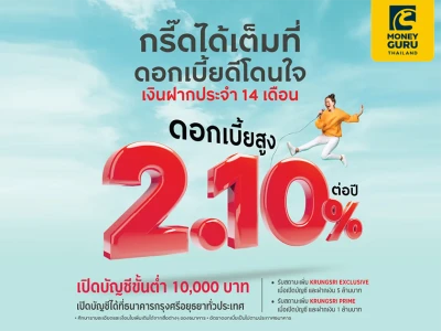 กรี๊ดได้เต็มที่ ดอกเบี้ยดีโดนใจ เงินฝากประจำ 14 เดือน ดอกเบี้ยสูง 2.10% ต่อปี