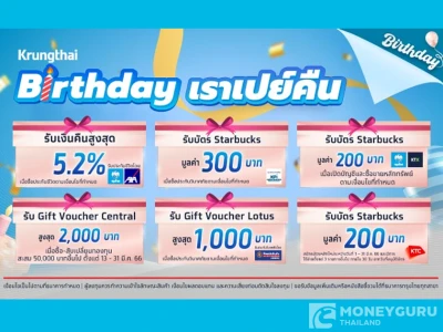 แคมเปญ Krungthai Birthday เราเปย์คืน รับเงินคืน สูงสุด 5.2 % เมื่อซื้อกรมธรรม์ประกันชีวิตตามเงื่อนไขที่กำหนด
