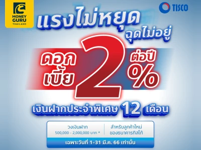 แรงไม่หยุด ฉุดไม่อยู่ บัญชีเงินฝากประจำพิเศษ 12 เดือน จาก ธ.ทิสโก้ อัตราดอกเบี้ยสูง 2.00% ต่อปี*