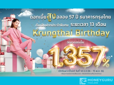 โปรโมชัน บัญชีเงินฝากประจำพิเศษ Krungthai Birthday ระยะเวลา 13 เดือน อัตราดอกเบี้ย 1.357%ต่อปี*