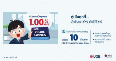 เปิดบัญชีออมทรัพย์ ยูโอบี วีแคร์ รับดอกเบี้ยสูงสุด 1.00% ต่อปี พร้อมรับความคุ้มครองอุบัติเหตุสูงสุด 10 ล้านบาท*
